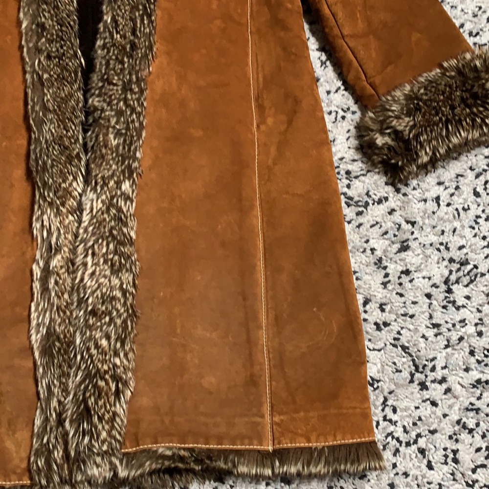 Marvin Richards Vintage Brown Leather Lined Fur Trim Long Coat XL - Picture 10 of 13